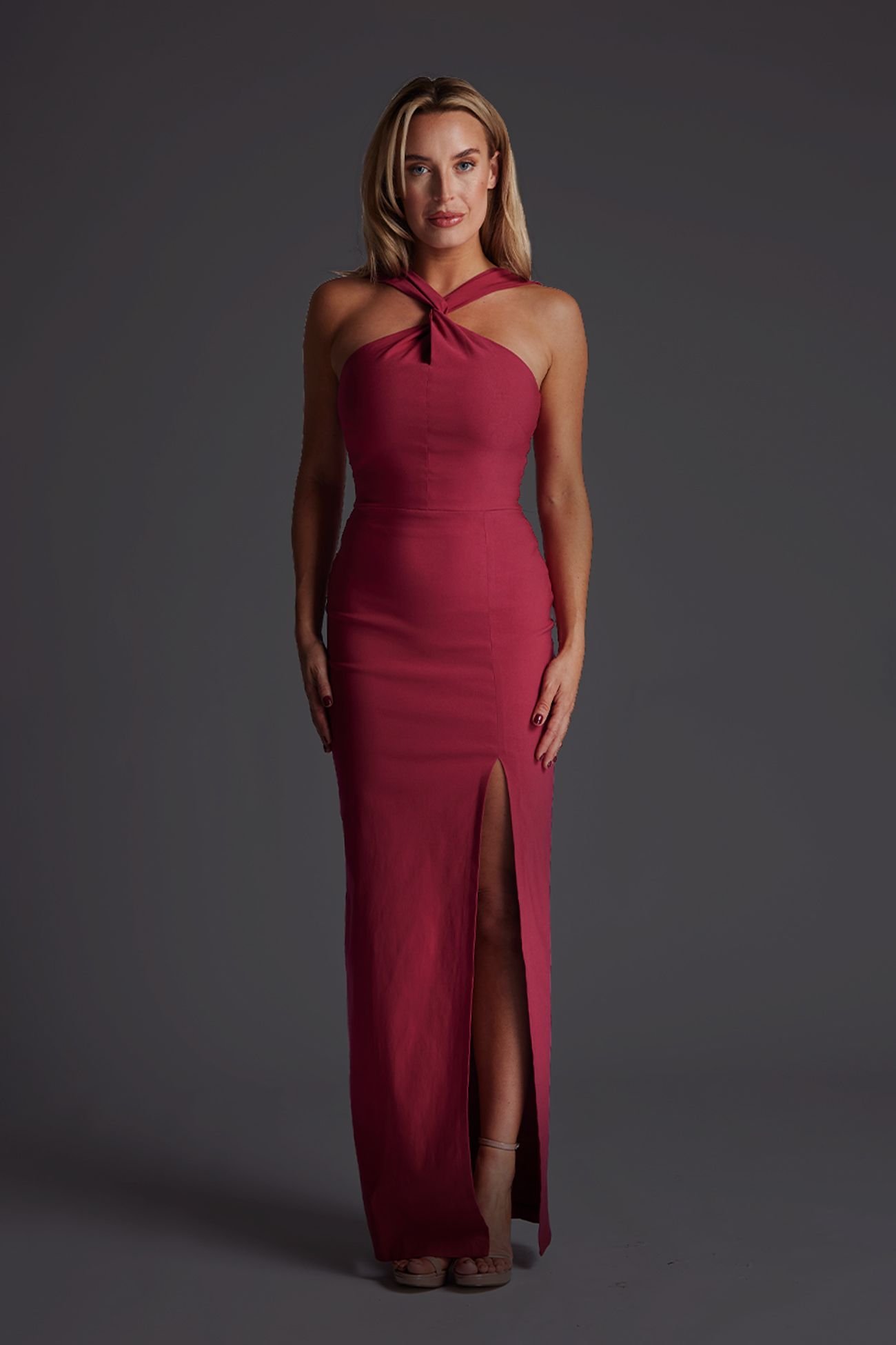 Vesper Vesper Women's Halter Twist Neck Maxi Dress with Side Split in Raspberry - 1