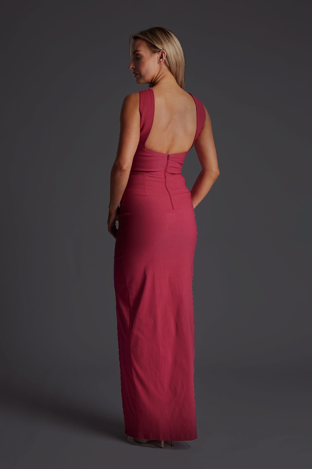 Vesper Vesper Women's Halter Twist Neck Maxi Dress with Side Split in Raspberry - 3