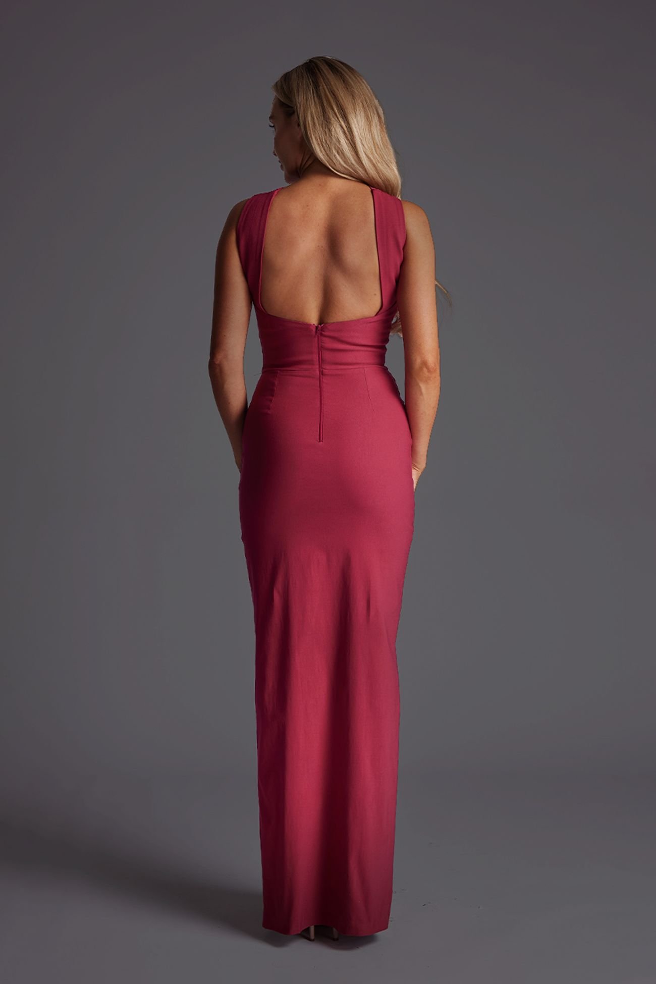Vesper Vesper Women's Halter Twist Neck Maxi Dress with Side Split in Raspberry - 4