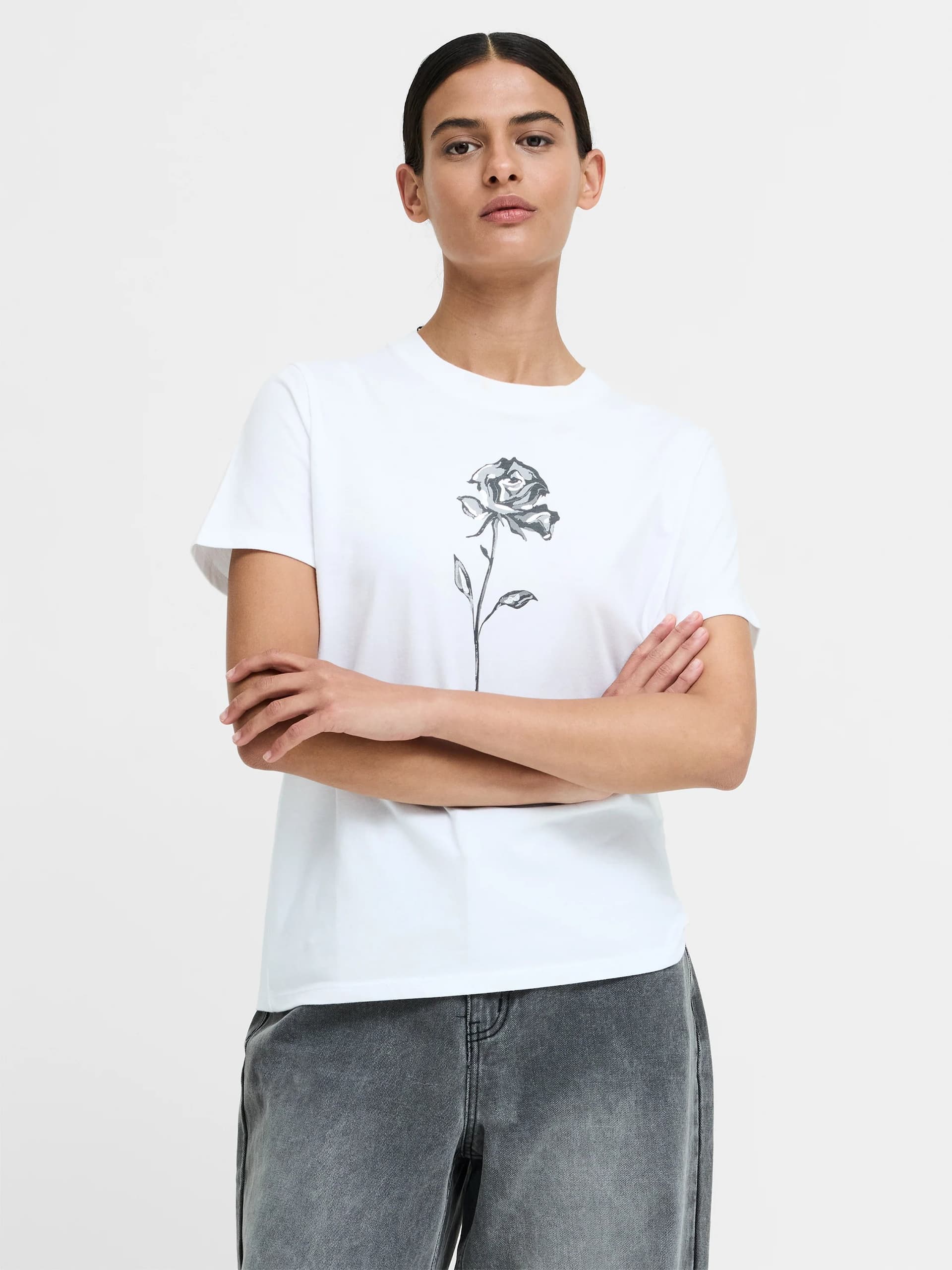 French Connection White Cotton Jersey Rose Print T-Shirt Linen White/Silver/Grey