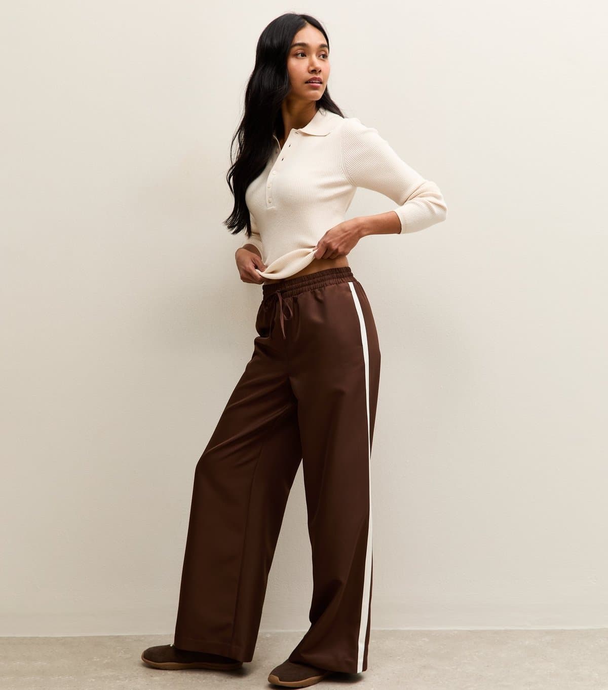 New Look Women's Dark Brown Side Stripe Wide Leg Trousers New Look