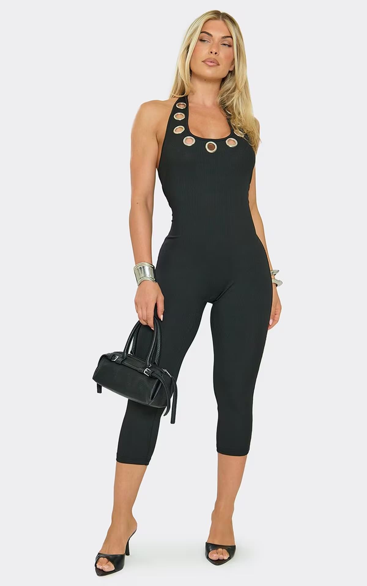 EGO Halterneck Eyelet Detail Capri Jumpsuit In Black, Women's Size UK 6