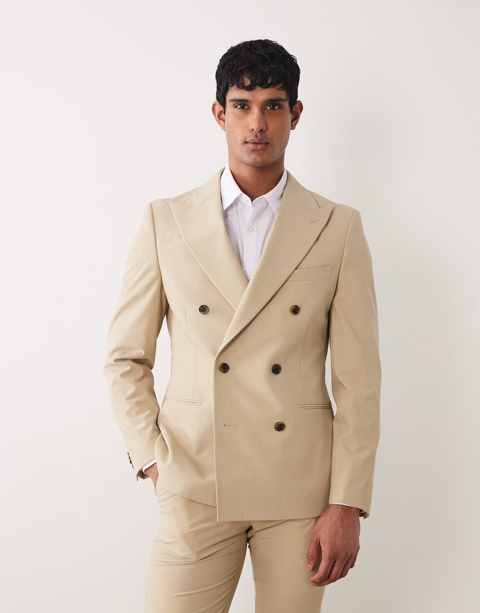 ASOS ASOS DESIGN skinny double breasted suit jacket in stone twill - 1