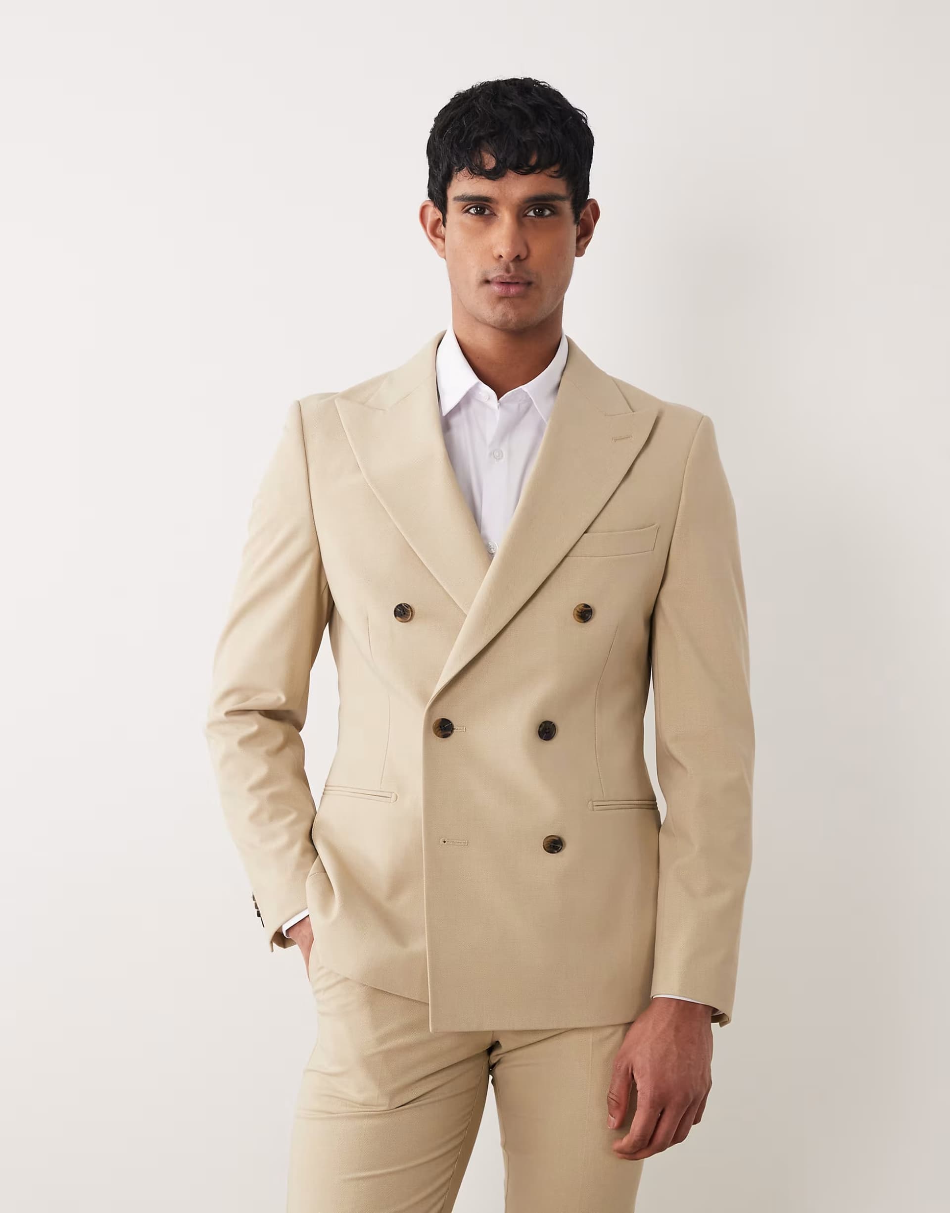 ASOS ASOS DESIGN skinny double breasted suit jacket in stone twill