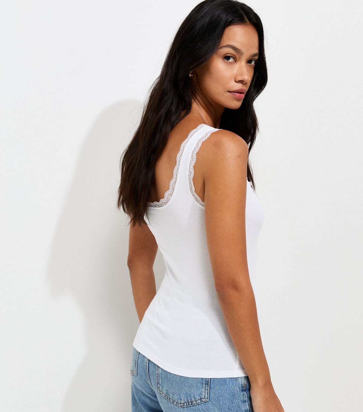 New Look Women's White Cotton Rich Lace Trim Square Neck Vest New Look - 4