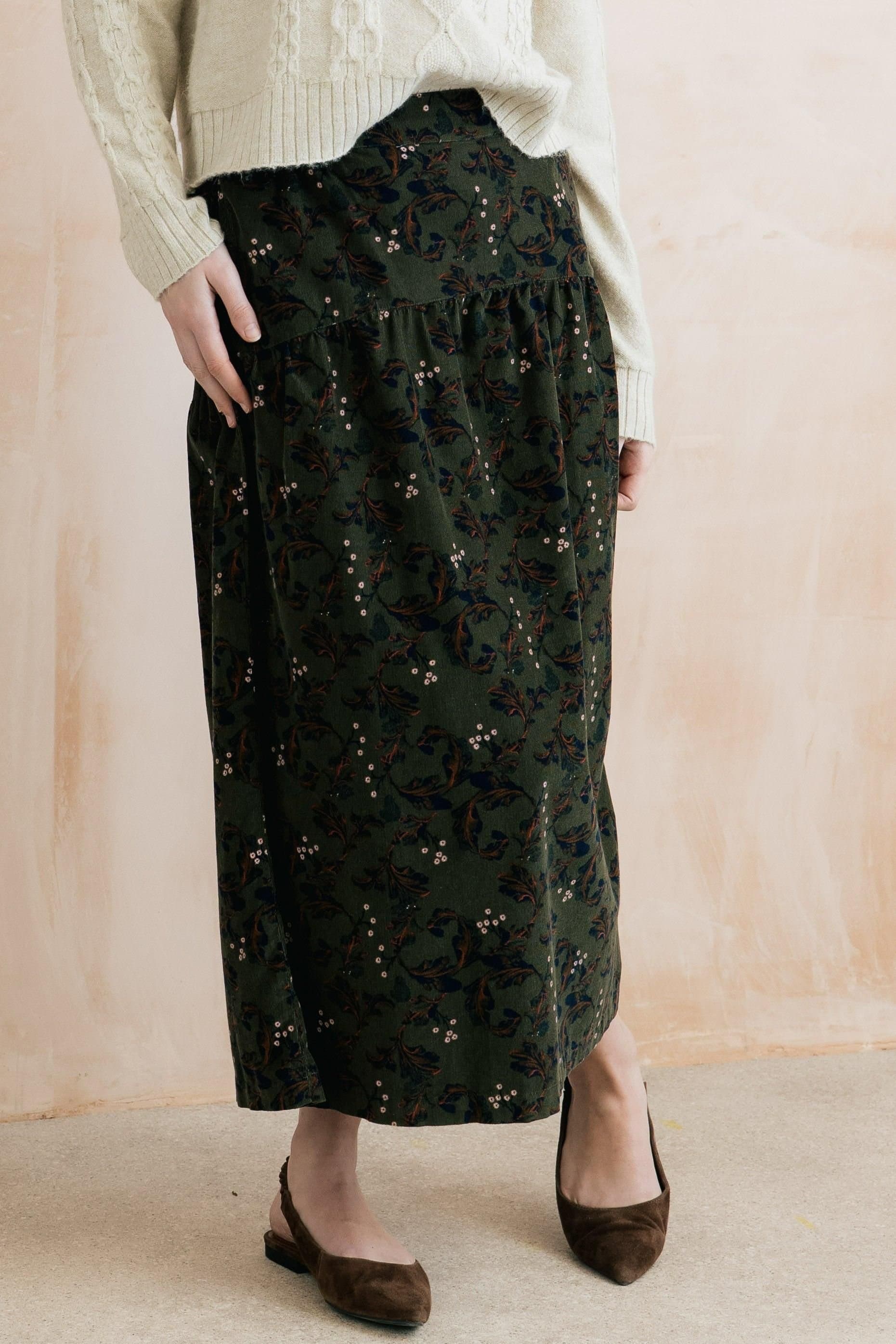 Lily & Me Lily & Me Women's Frances Foliage Print Soft Cotton Pincord Skirt in Olive