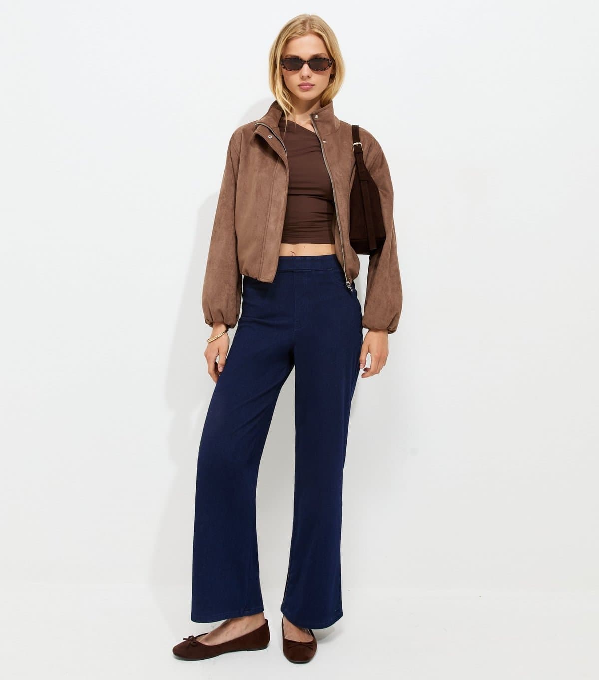 New Look Women's Dark Blue Stretch Denim Pull On Wide Leg Jeans New Look