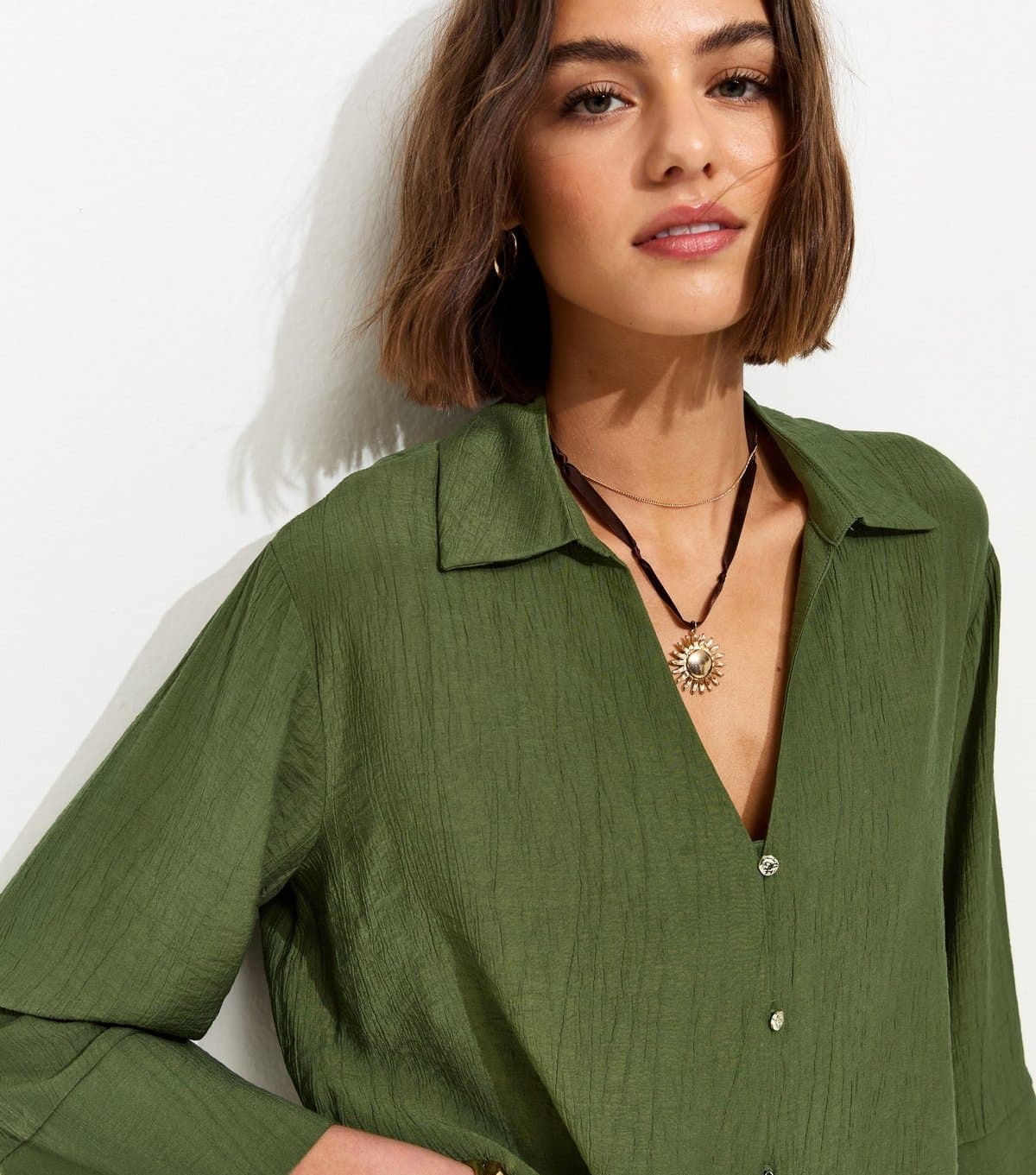 New Look Women's Dark Khaki Crinkled Cropped Sleeve Shirt New Look