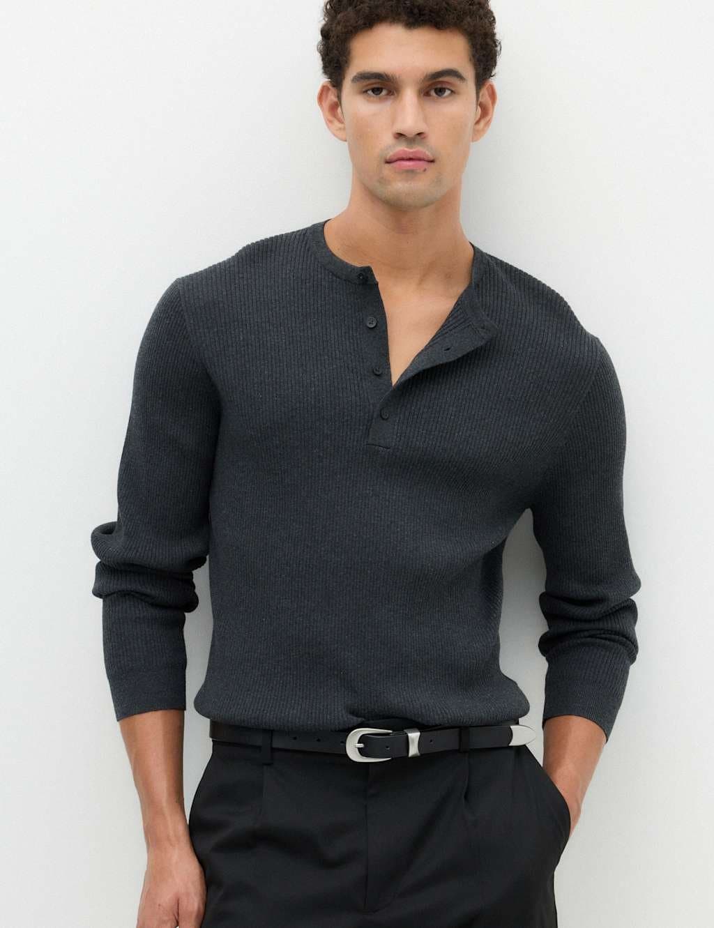 Marks & Spencer M&S Cotton Blend Smart Henley Jumper Charcoal Mix