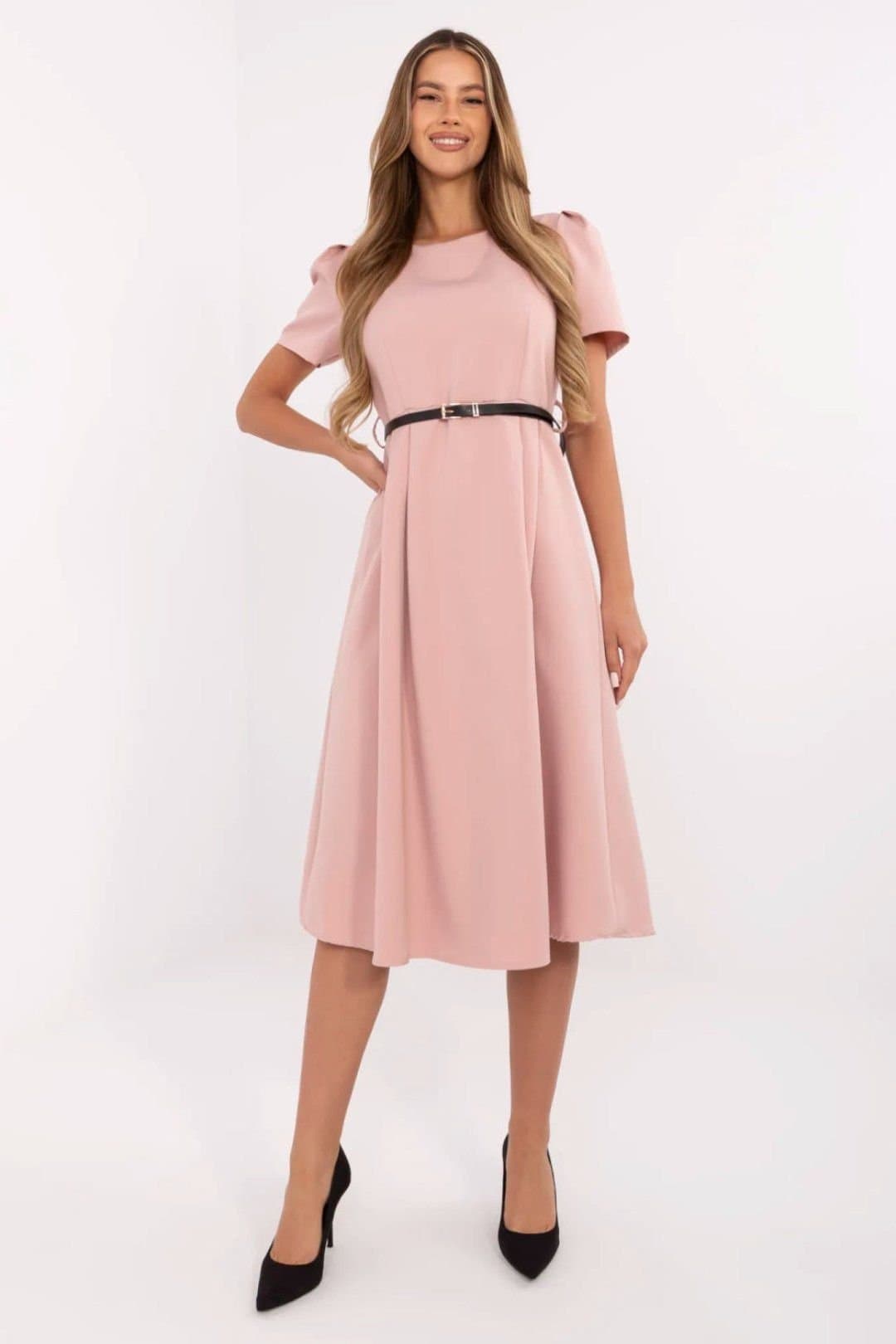 Love Lace Love Lace Women's Classic Midi Flared Dress with Belt in Pink