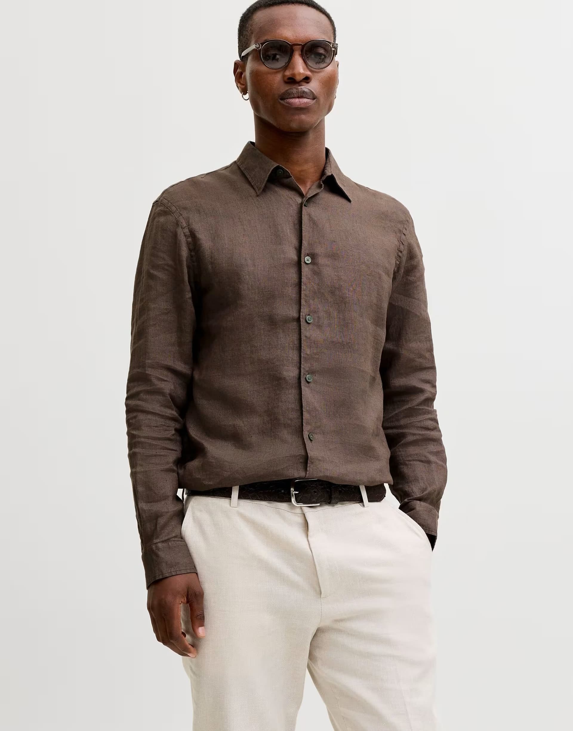 ASOS Jack & Jones linen long sleeved shirt in brown