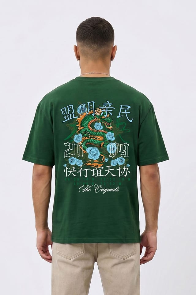 LONDON ATTITUDE LONDON ATTITUDE Men's Original Creators Dragon Graphic Heavyweight Oversized T-Shirt in Green - 2
