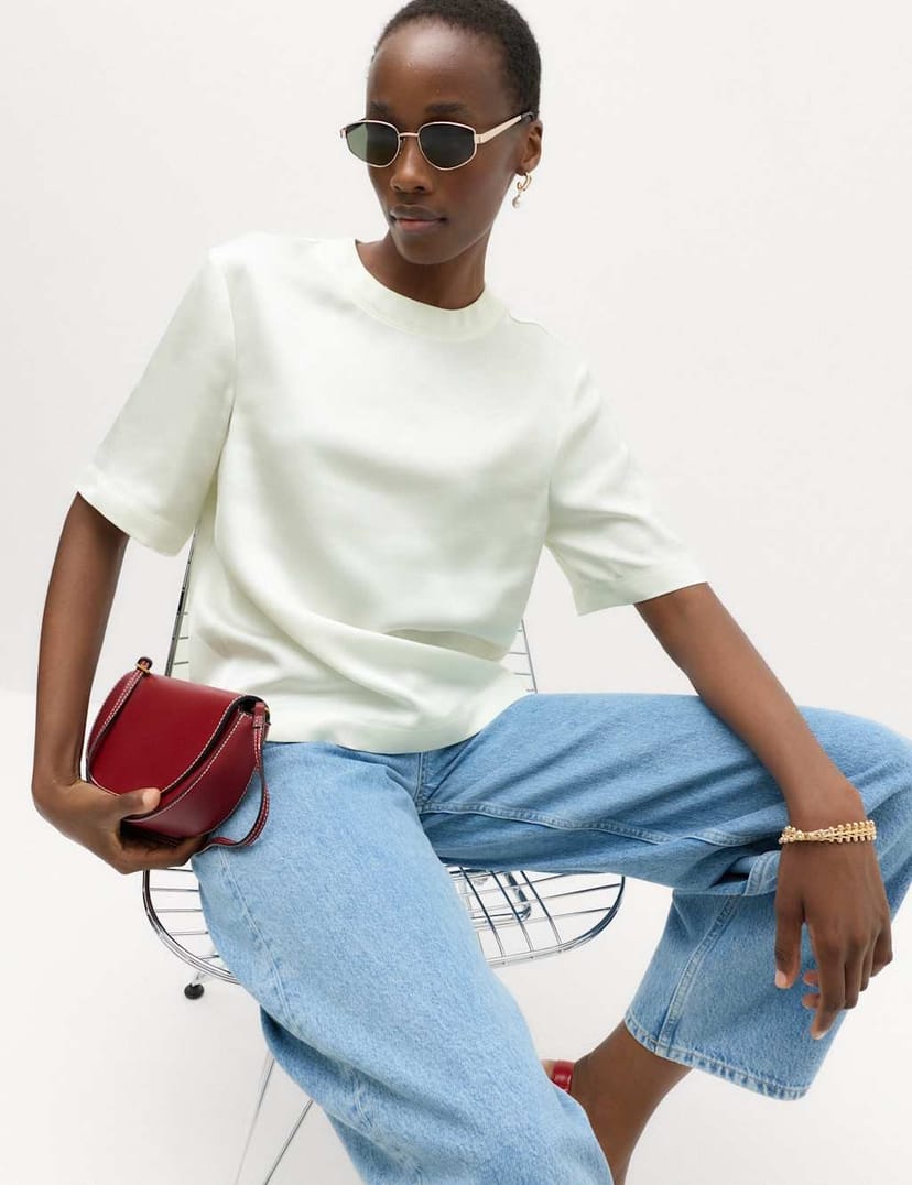 Marks & Spencer M&S Satin T-Shirt Ivory - 1