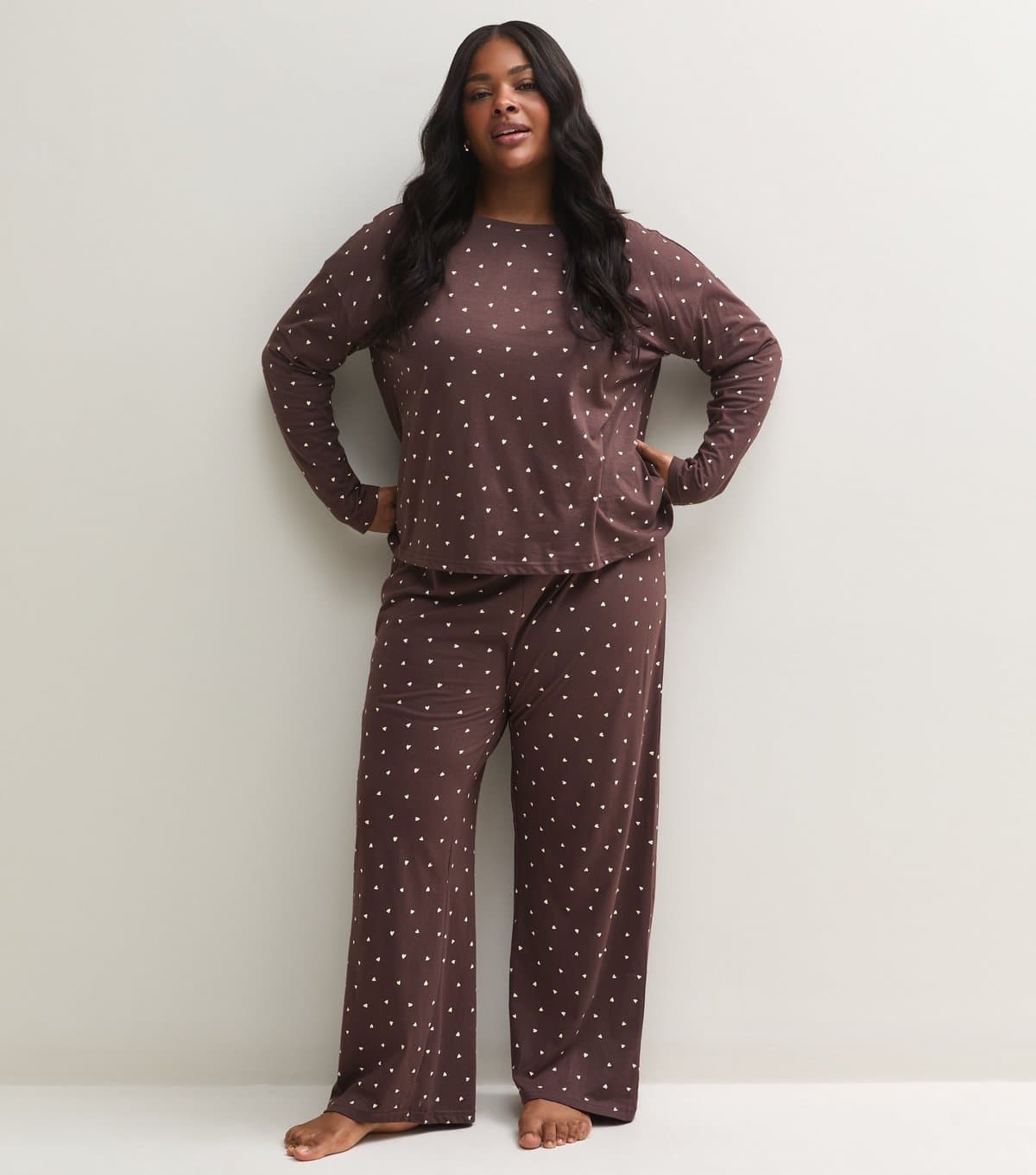 New Look Women's Plus Size Brown Cotton Heart Top and Trousers Pyjama Set Curves New Look