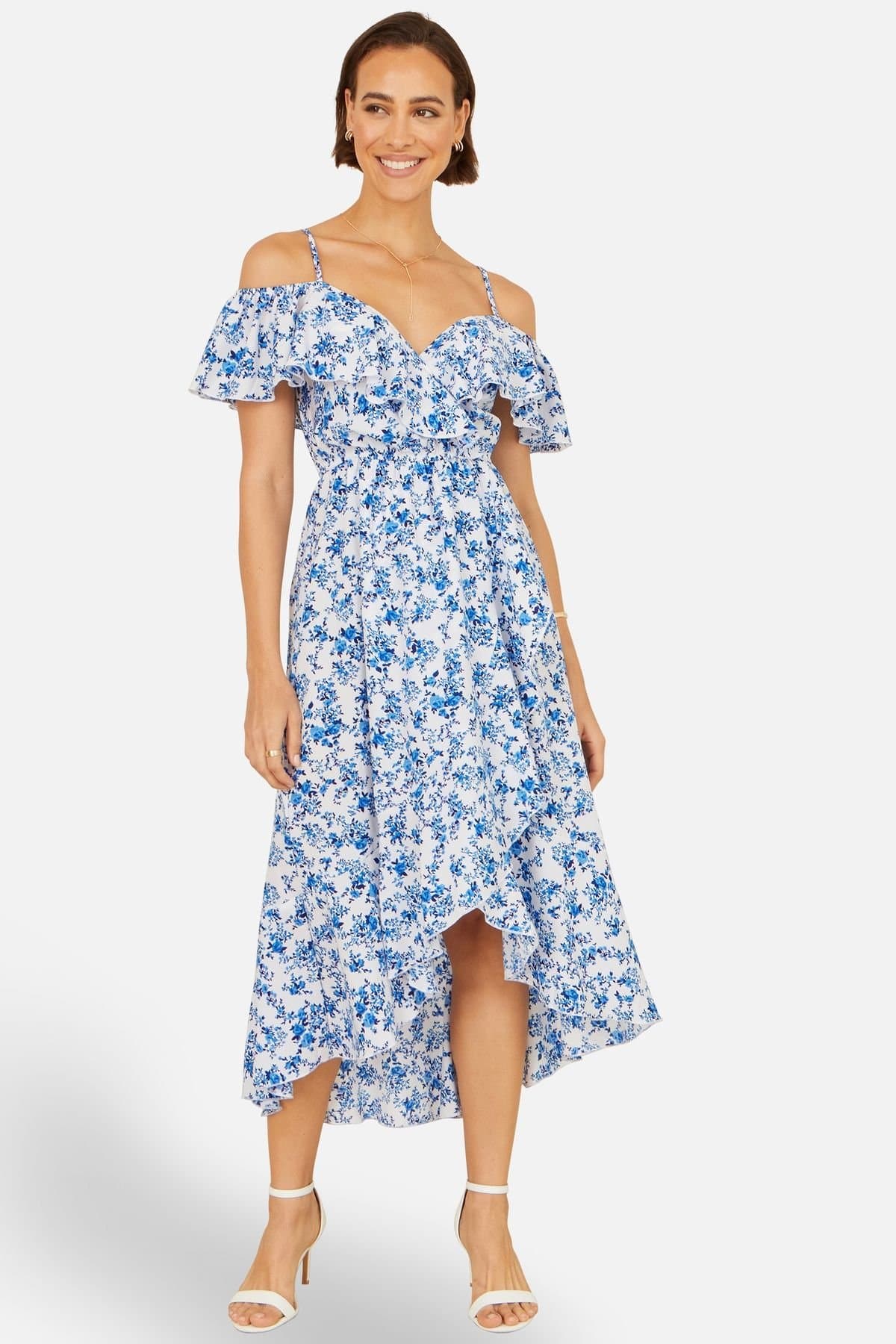 Yumi Yumi Women's Blue Floral Print Bardot Midi Dress With Dip Hem in Light Blue
