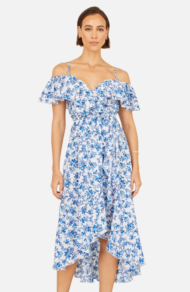 Yumi Yumi Women's Blue Floral Print Bardot Midi Dress With Dip Hem in Light Blue - 2