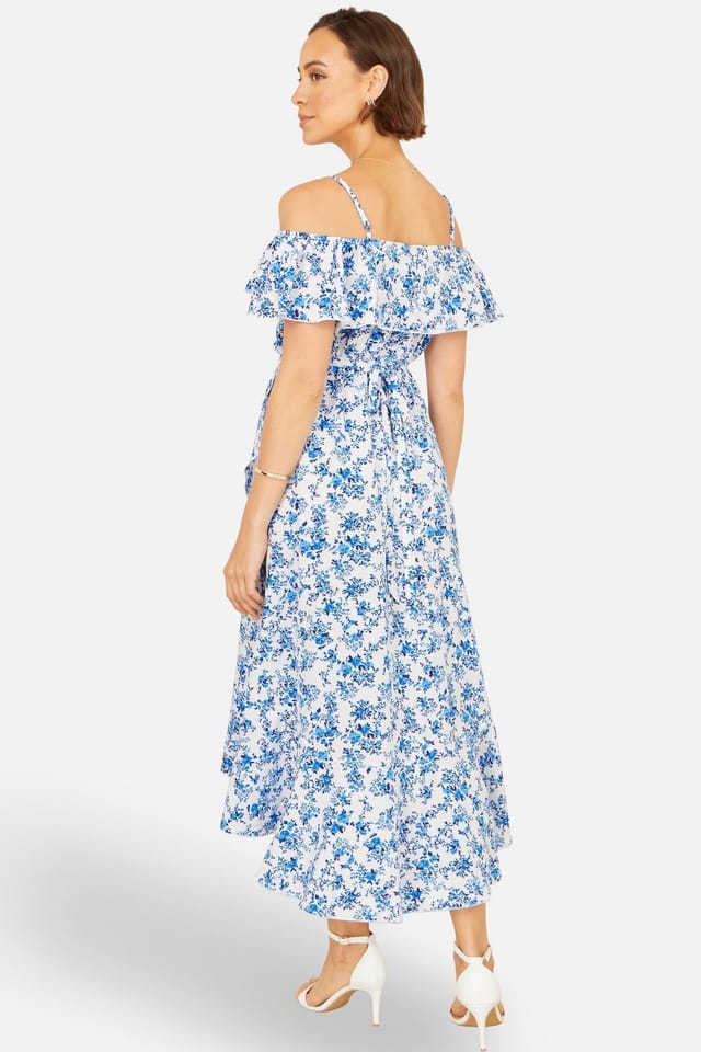 Yumi Yumi Women's Blue Floral Print Bardot Midi Dress With Dip Hem in Light Blue - 3