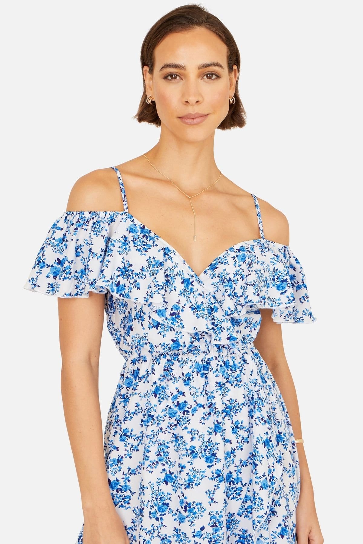 Yumi Yumi Women's Blue Floral Print Bardot Midi Dress With Dip Hem in Light Blue - 4