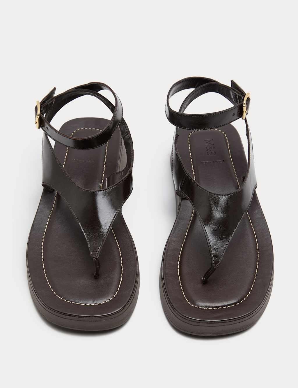 Marks & Spencer M&S Leather Ankle Strap Flatform Toe Post Sandals Brown