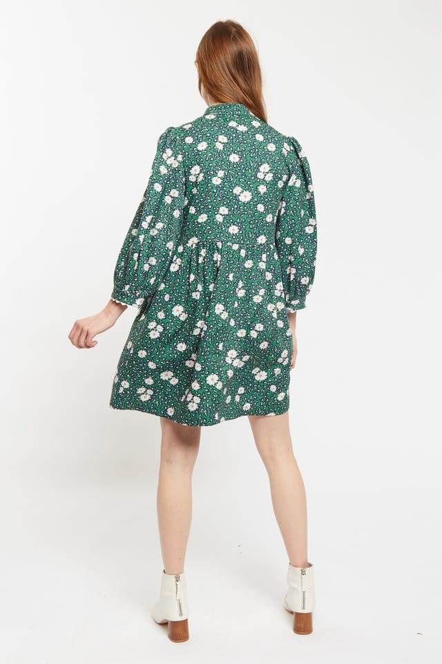 Louche Louche Women's Suzanne Roaring Daisy Print Long Sleeve Mini Dress - Green - 2