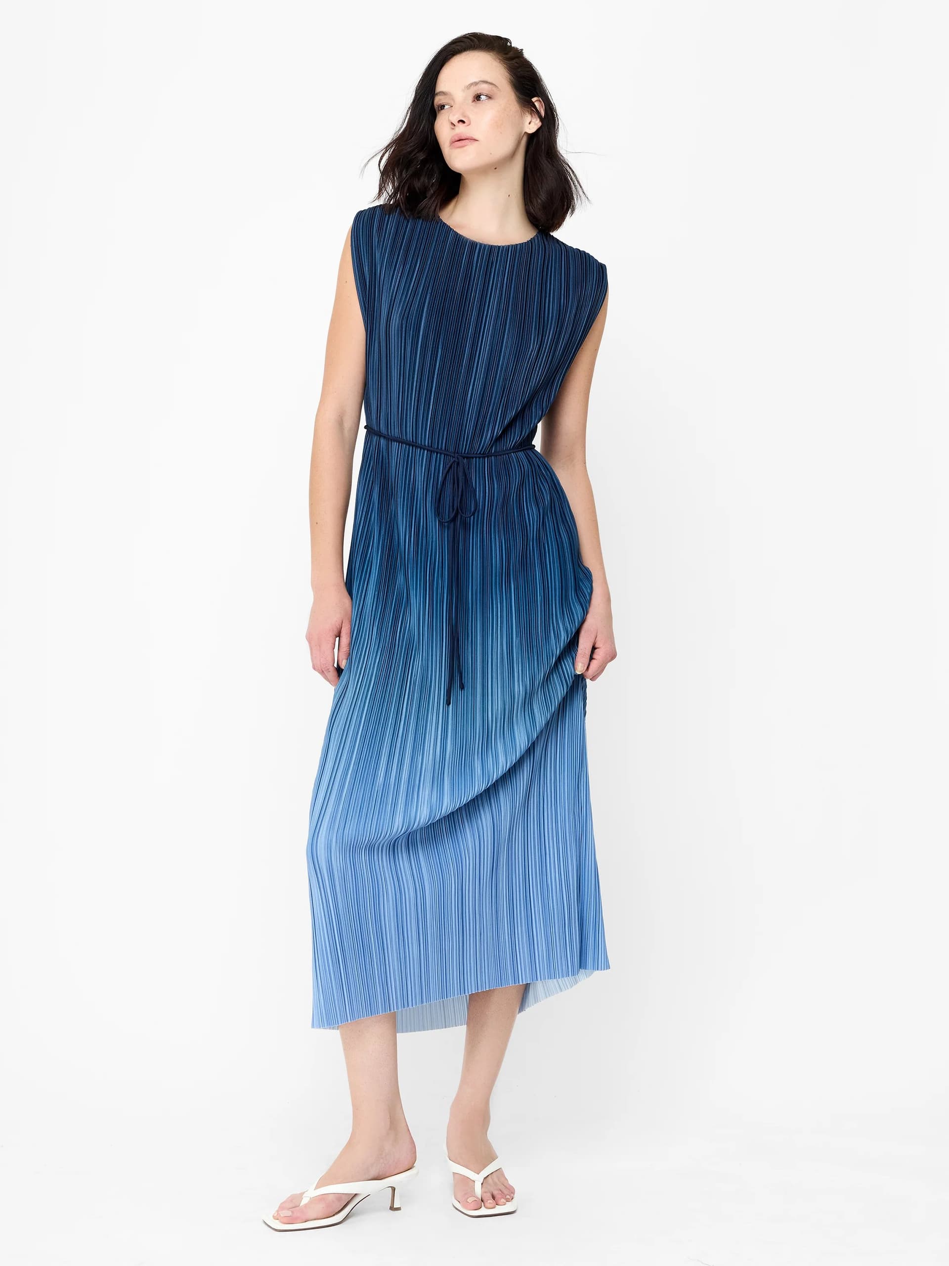 French Connection Xena Blue Ombre Pleated Column Midi Dress Slate Blue Multi