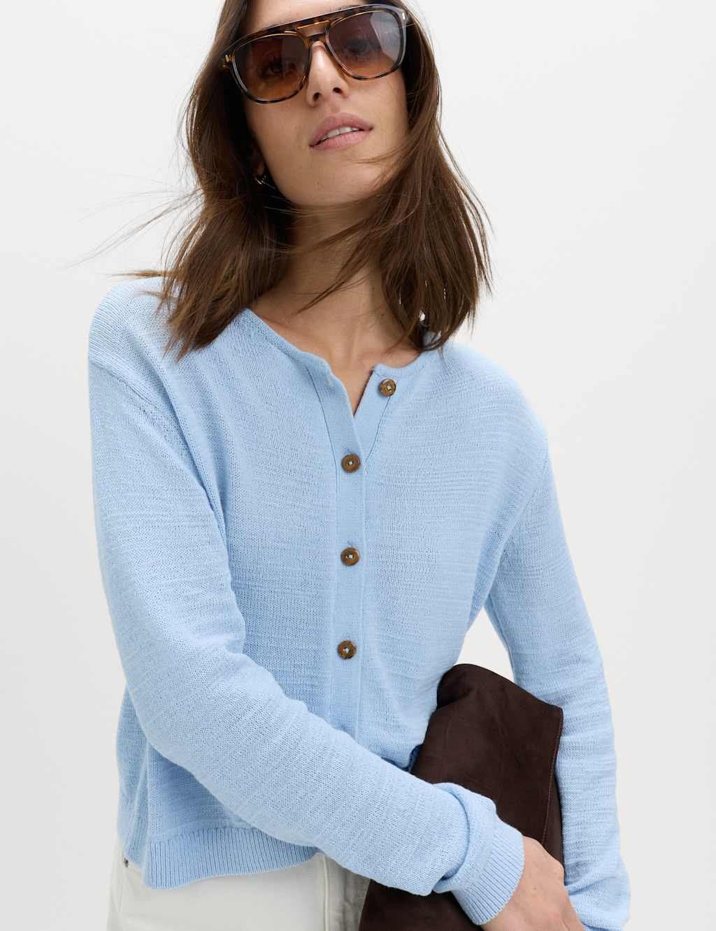 Marks & Spencer M&S Cotton Rich Button Through Cropped Cardigan Light Wedgewood