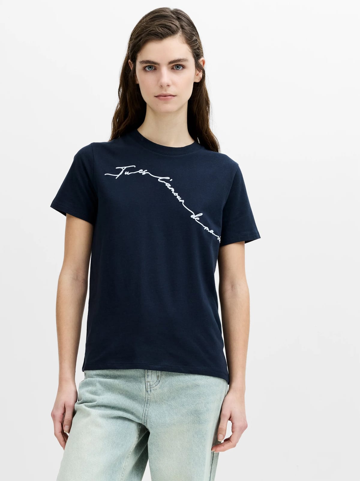 French Connection Love Of My Life Flocked Script Navy Blue Cotton T-Shirt New Navy Blue/Winter White - 1