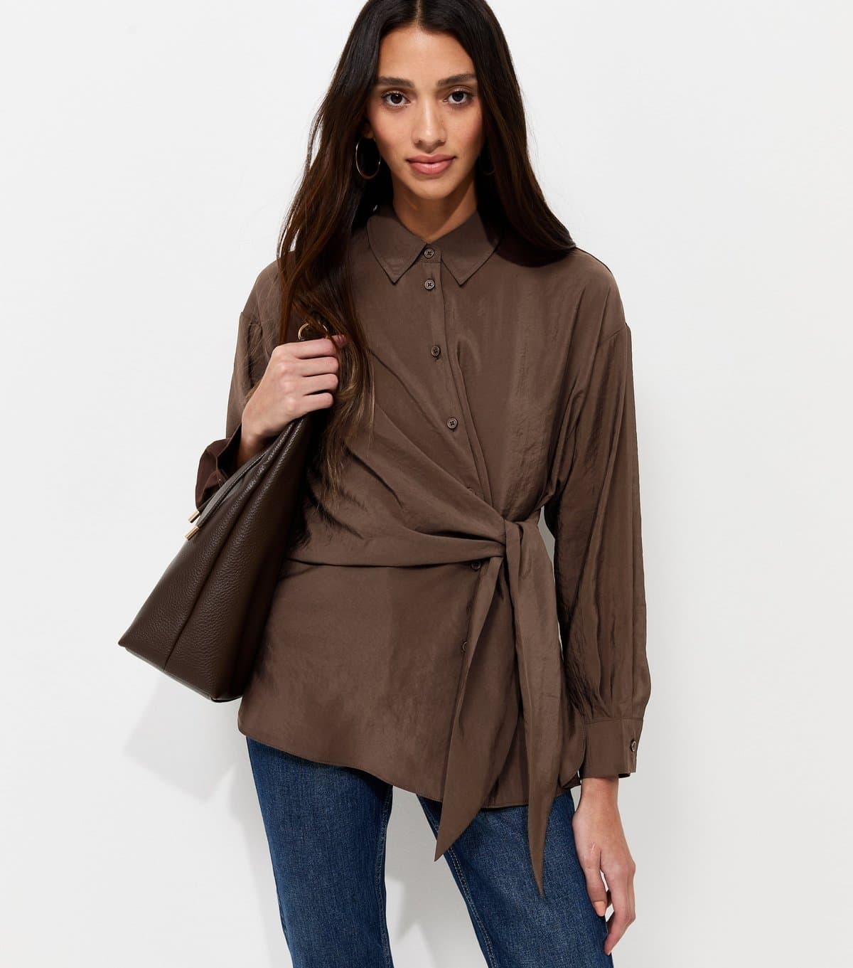 New Look Women's Dark Brown Draped Side Tie Shirt New Look