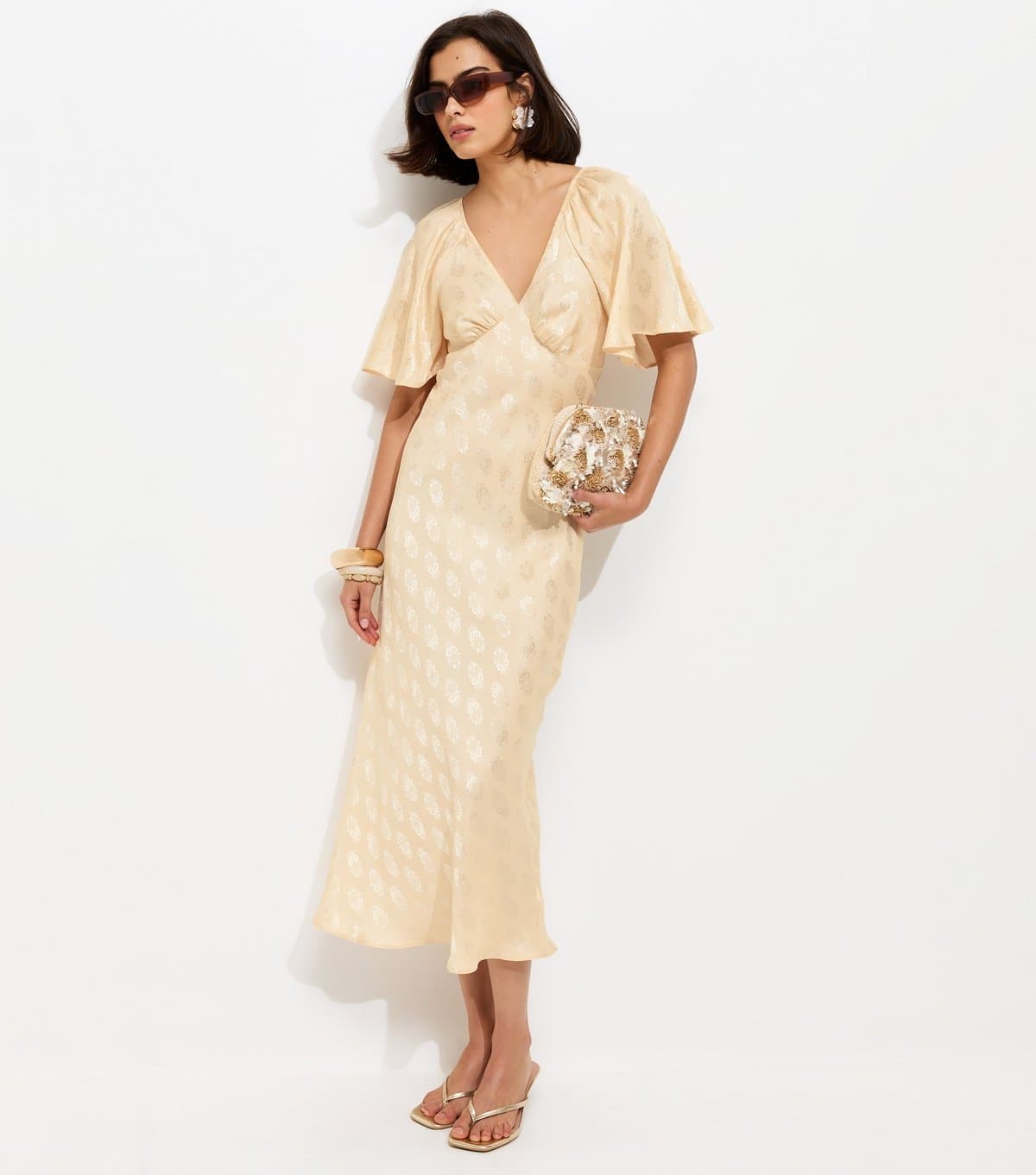 New Look Women's Cream Paisley Pattern Jacquard Flutter Sleeve Midi Dress New Look