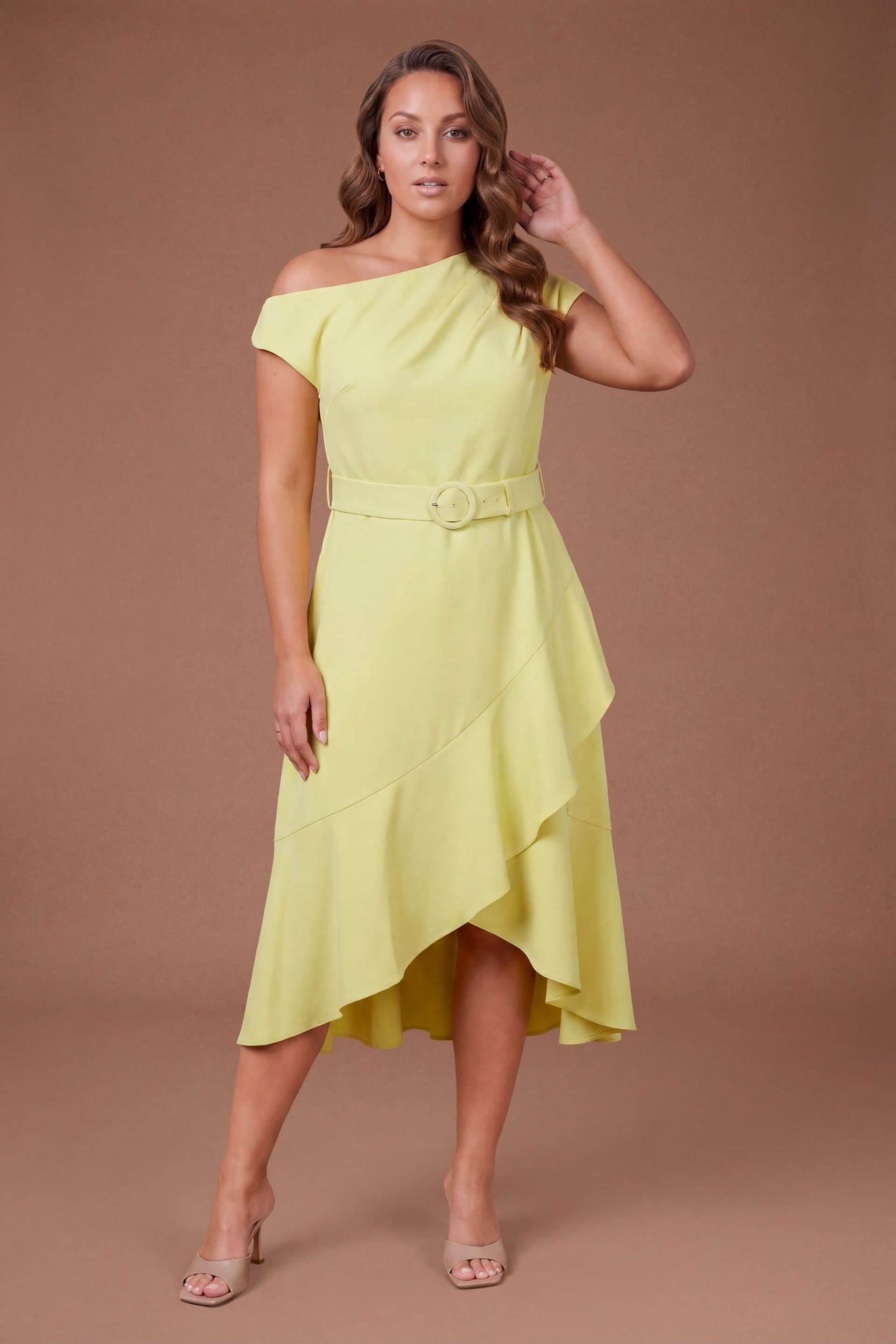 Coast Coast Women's Plus Drape Shoulder Frill Detail Crepe Midi Dress in Lime