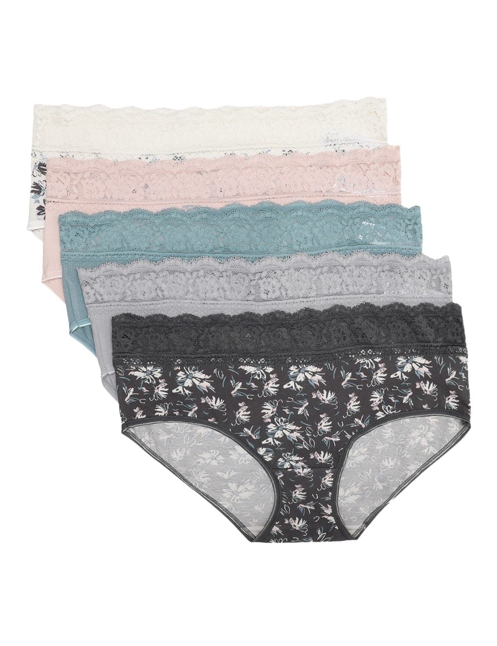 Marks & Spencer M&S 5Pk Lace Waist Midi Floral Knickers Pink Mix