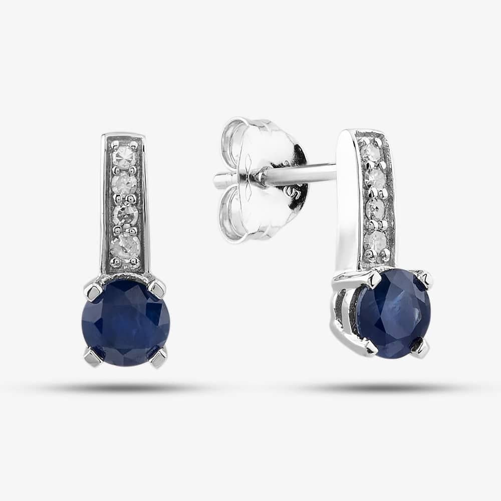 T.H.Baker T.H.Baker Women's 9ct White Gold Sapphire & 0.06ct Diamond Stud Earrings OJE1704-BS in Silver