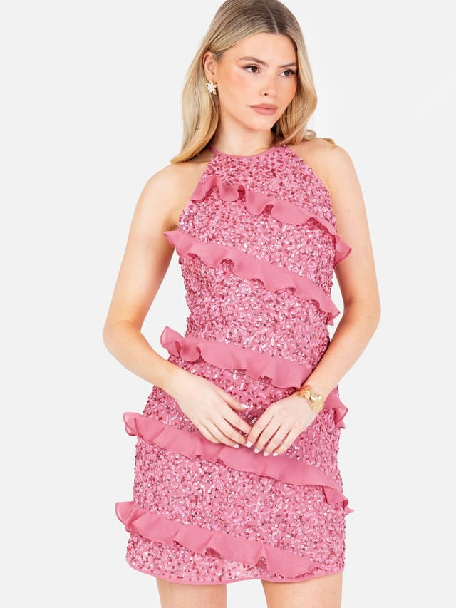 Maya Deluxe Maya Deluxe Women's Fully Embellished Halter Neck Mini Dress in Pink - 2