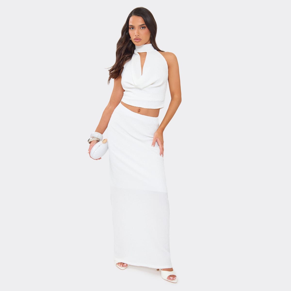 EGO Mid Rise Maxi Skirt In White Textured, Women's Size UK 6 - 1