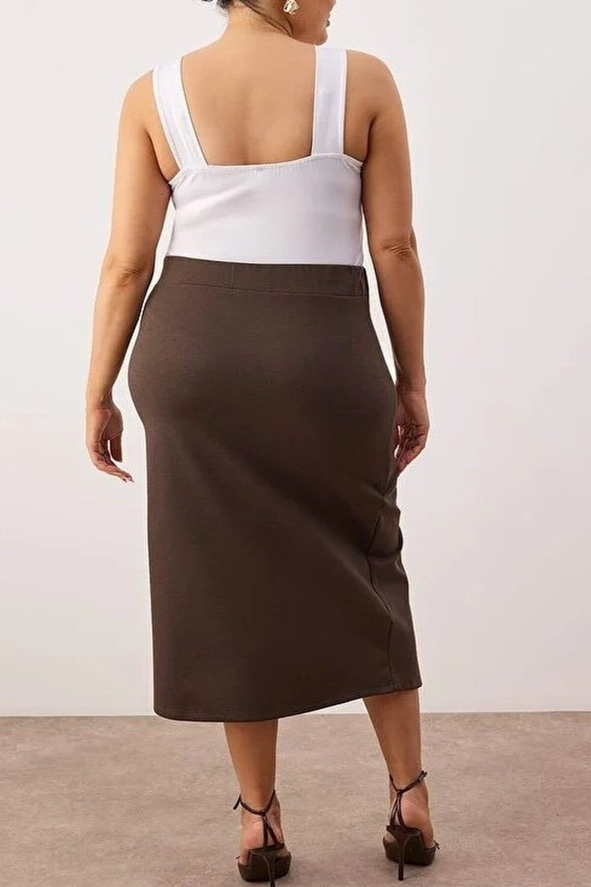 WOVCOR WOVCOR Women's Plain Split Hem Midi Pencil Skirt in Brown - 3
