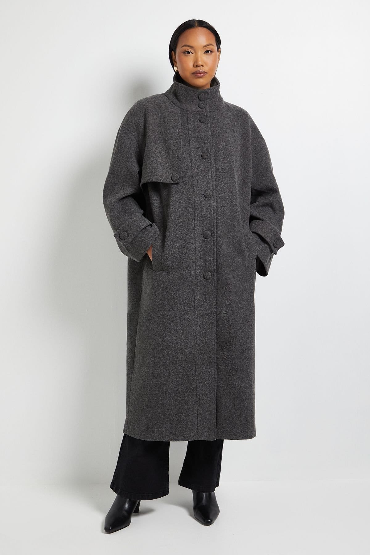 Wallis Wallis Women's Principles by Funnel Neck Button Coat in Dark Grey - 4