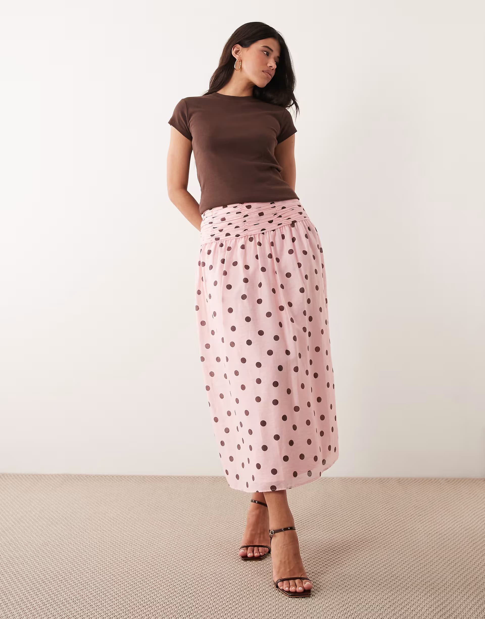 ASOS Forever New ruched maxi skirt co-ord in pink polka dot