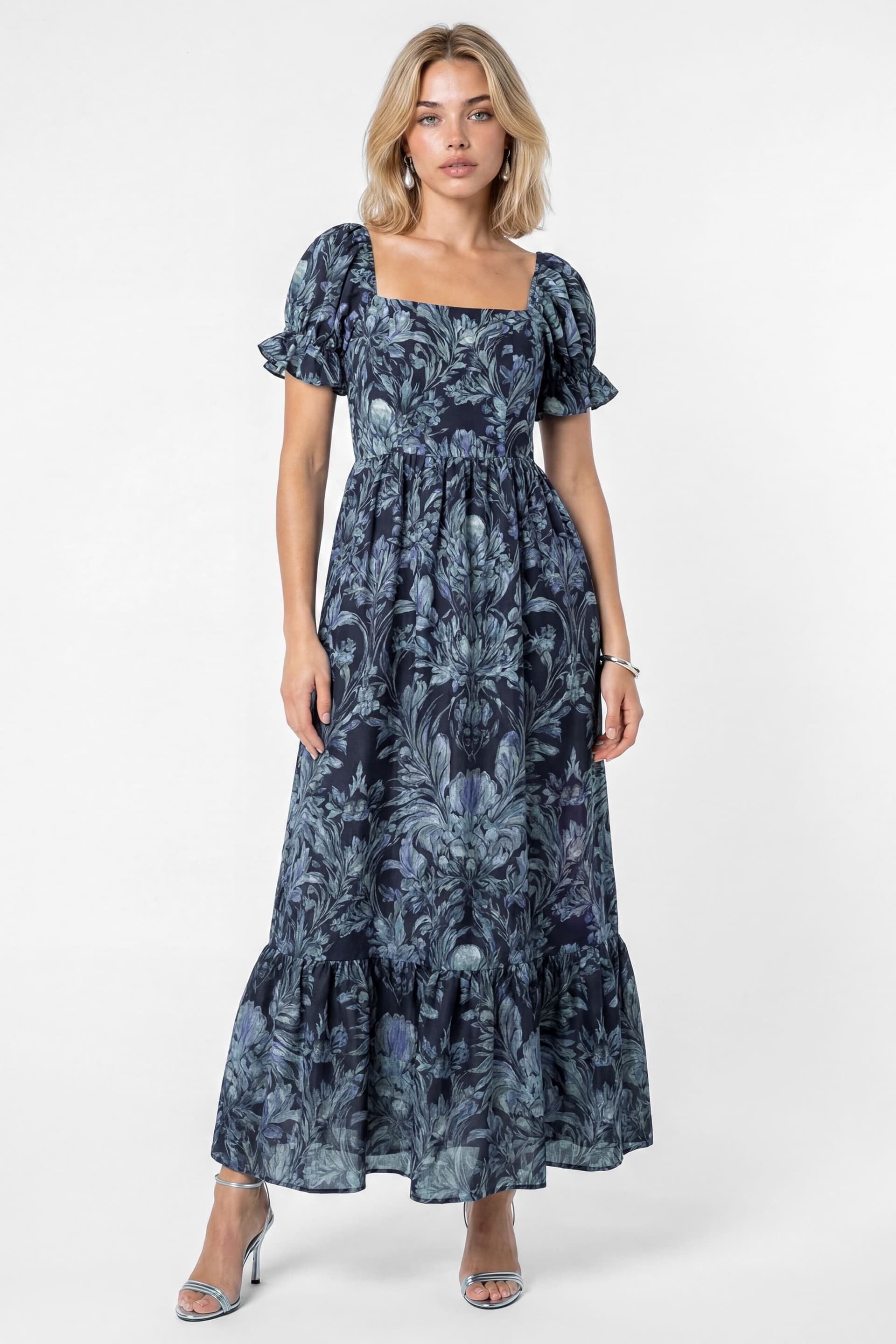 Lovedrobe Lovedrobe Women's Floral Print Puff Sleeve Square Neck Midaxi Dress in Dark Navy