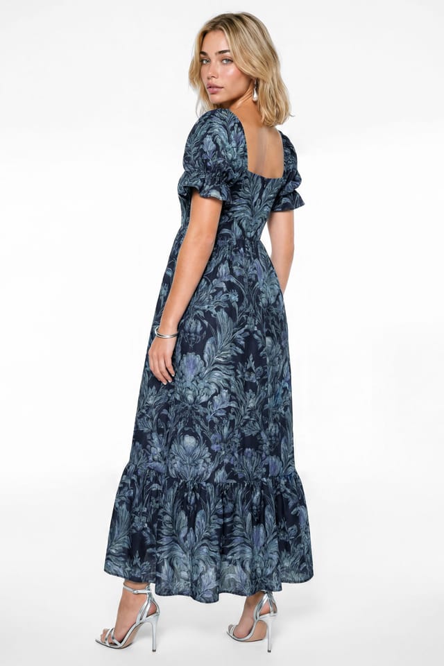 Lovedrobe Lovedrobe Women's Floral Print Puff Sleeve Square Neck Midaxi Dress in Dark Navy - 2