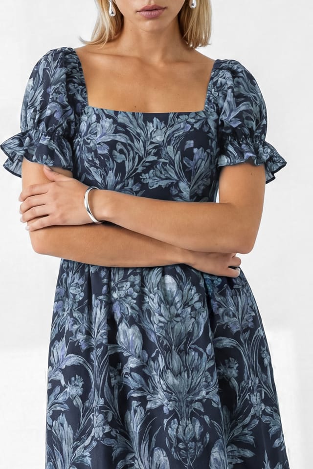 Lovedrobe Lovedrobe Women's Floral Print Puff Sleeve Square Neck Midaxi Dress in Dark Navy - 3