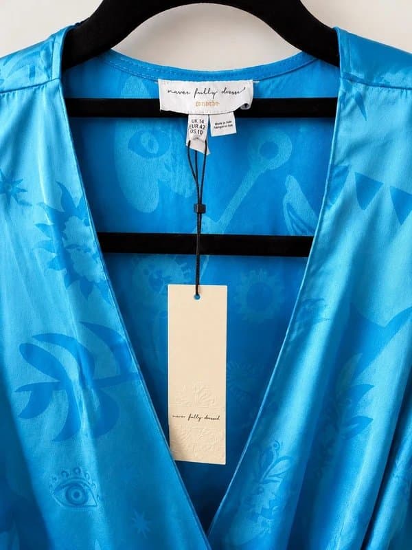 Never Fully Dressed Never Fully Dressed Blue Satin Jacquard Wrap Dress – UK 14
