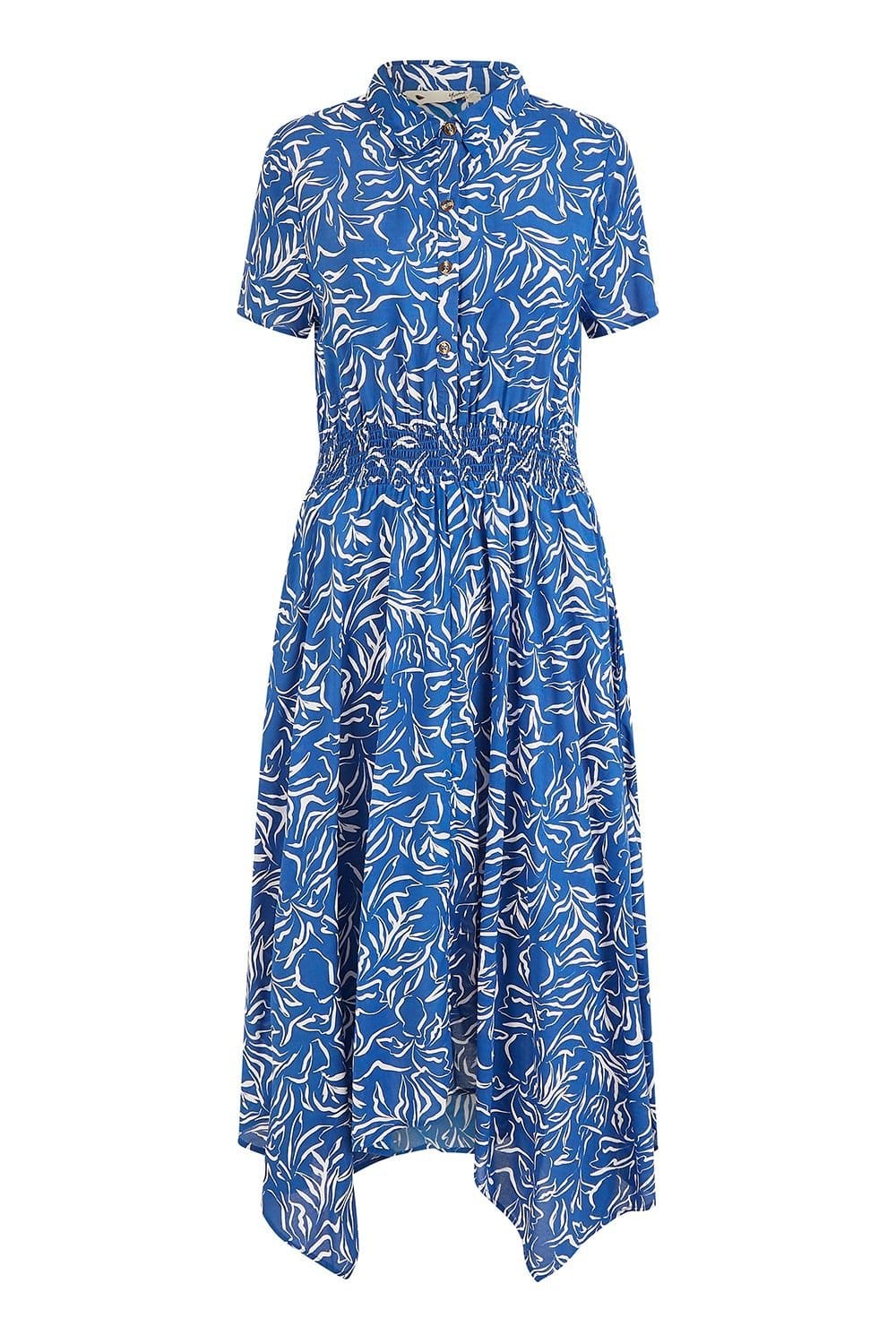 Yumi Yumi Women's Blue Leaf Print Dip Hem Midi Shirt Dress - 4