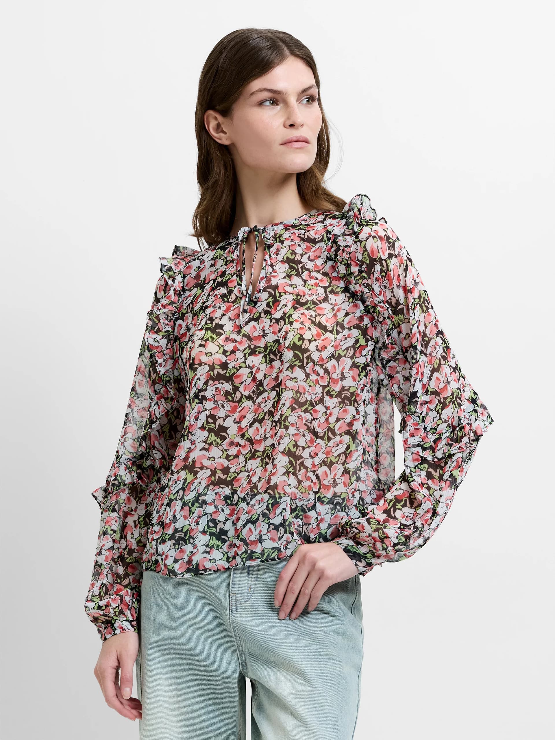 French Connection Molly Tie Up Neck Ruffle Sleeve Floral Top Multi