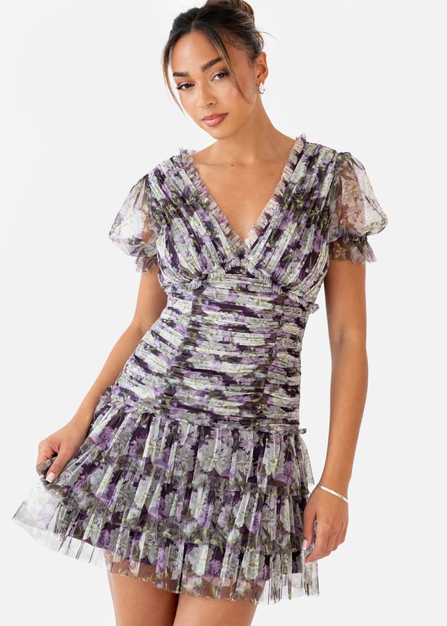 Anaya with Love Anaya with Love Women's Floral Print Short Sleeve Gathered Mini Dress in Lilac - 2