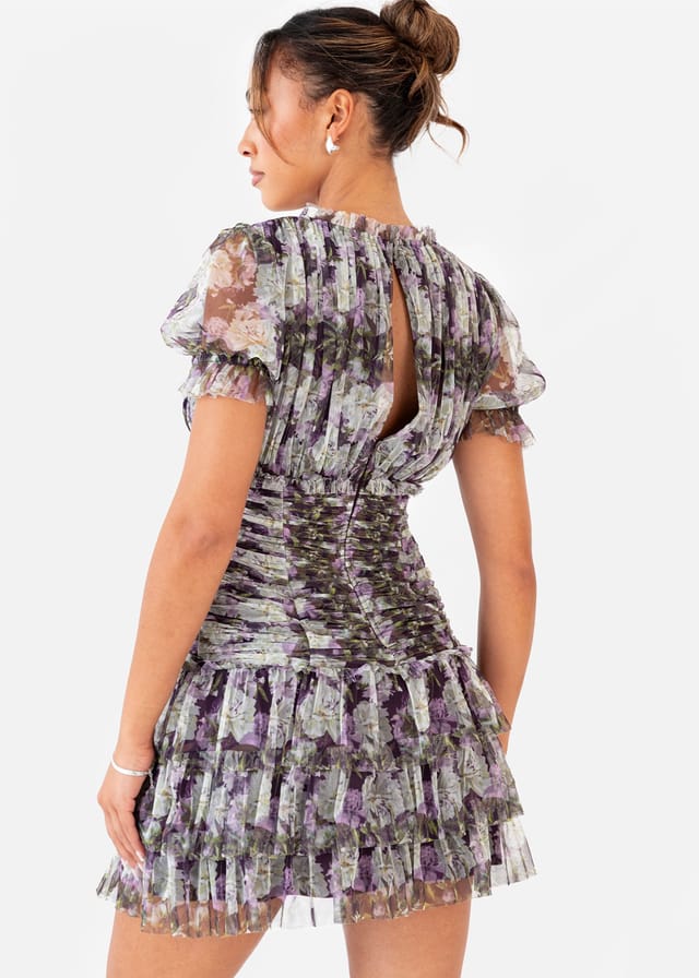 Anaya with Love Anaya with Love Women's Floral Print Short Sleeve Gathered Mini Dress in Lilac - 3