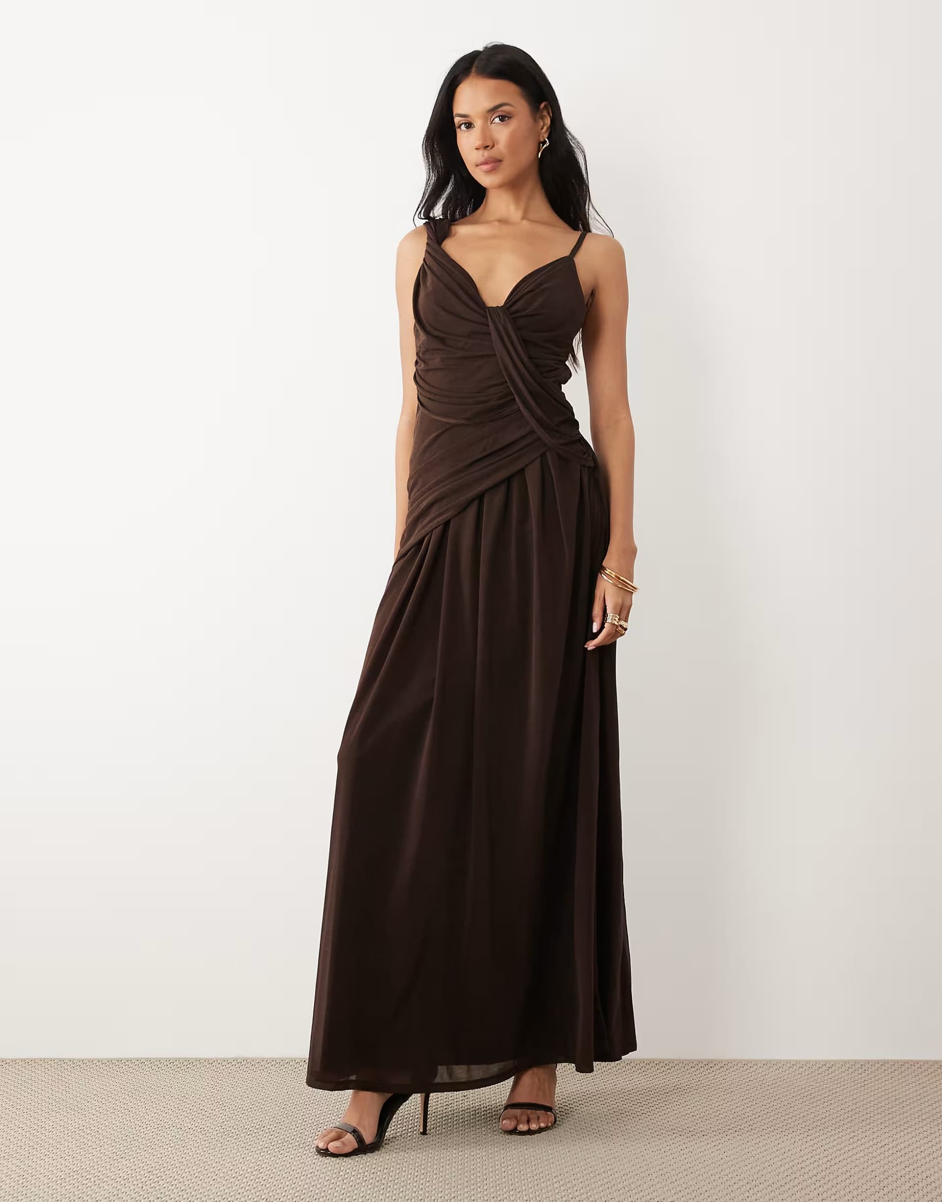 ASOS ASOS DESIGN stretch chiffon draped cowl asymmetric maxi dress in brown