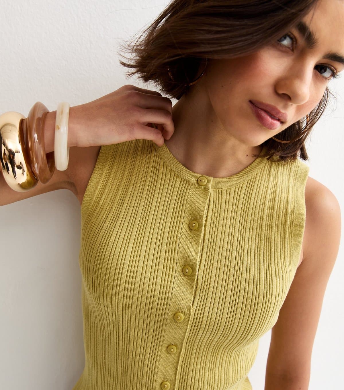 New Look Women's Green Lightweight Rib Button Vest Top New Look