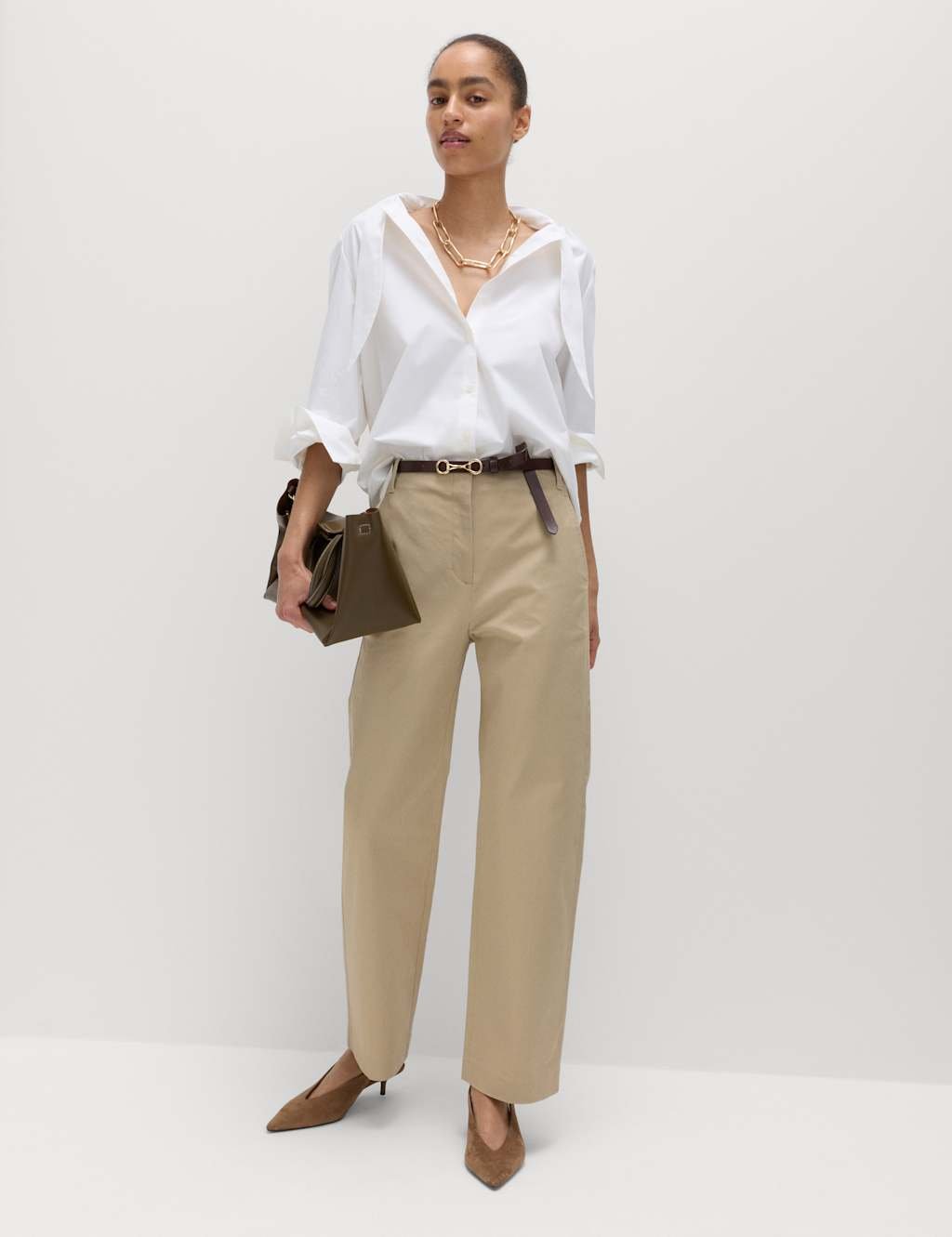 Marks & Spencer M&S Cotton Rich Straight Leg Trousers Sandstone - 2