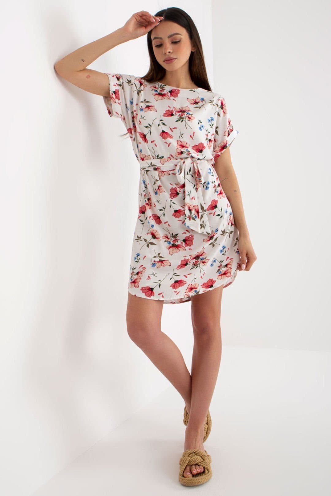 Love Lace Love Lace Women's Summer Floral Tie Waist Short Sleeve Dress in White