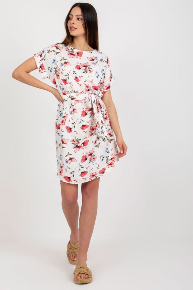 Love Lace Love Lace Women's Summer Floral Tie Waist Short Sleeve Dress in White - 2
